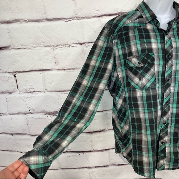 Helix Shirt SZ L Western Athletic Fit Pearl Snap Long Sleeve Green Plaid Rodeo - Picture 6 of 12